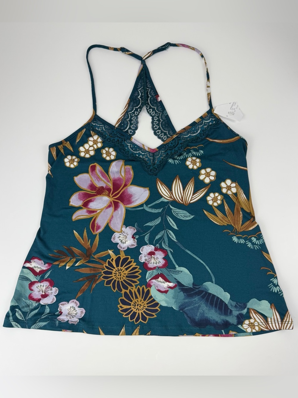 Linea Donatella Shirt Womens Small Teal Floral Lace Trim Camisole Tank Top NWOT